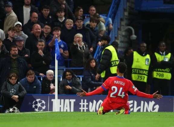London, England, 17th March 2026. Senny Mayulu of Paris Saint-Germain celebrates after scoring to make it 3-0 during the Chelsea vs Paris Saint Germain UEFA Champions League round of 16 match at Stamford Bridge, London. Picture credit should read: Paul Terry Sportimage EDITORIAL USE ONLY. No use with unauthorised audio, video, data, fixture lists, club league logos or live services. Online in-match use limited to 120 images, no video emulation. No use in betting, games or single club league player publications. SPI_059_PT_Chelsea_PSG SPI-4610-0058