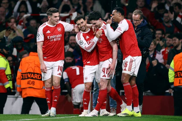 Arsenal v Bayer Leverkusen 17 March 2026, London - UEFA Champions League - Round Of 16 - Second Leg - Arsenal v Bayer Leverkusen - Declan Rice celebrates after scoring the second goal for Arsenal with colleagues Viktor Gyokeres, Martin Zubimendi and Gabriel of Arsenal - Photo: Jacques Feeney Offside. London UK Copyright: xJacquesxFeeneyx xOffsidexOffside