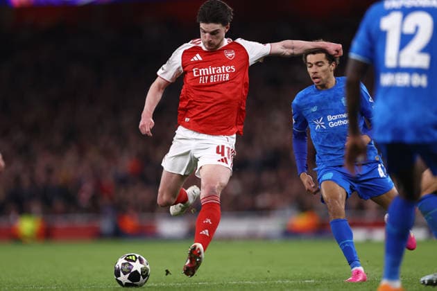Arsenal v Bayer Leverkusen 17 March 2026, London - UEFA Champions League - Round Of 16 - Second Leg - Arsenal v Bayer Leverkusen - Declan Rice of Arsenal scores the second goal for his team - Photo: Jacques Feeney Offside. London UK Copyright: xJacquesxFeeneyx xOffsidexOffside