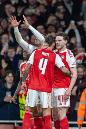 Arsenal v Bayer Leverkusen, Champions League GOAL 2-0. Arsenal midfielder Declan Rice (41) celebrates with teammates after scoring a goal during the Champions League match between Arsenal and Bayer Leverkusen at the Emirates Stadium, London, UK on 17 March 2026. London Emirates Stadium Greater London UK Editorial use only , Copyright: xToyinxOshodix PSI-23909-0033