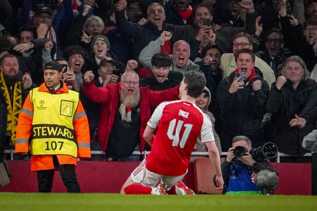 England: Fussball UEFA Champions League 2025 - 2026, Achtelfinale (Rückspiel) FC Arsenal London vs Bayer 04 Leverkusen - Emirates Stadium (London): Tor und Torjubel zum 2:0 durch Declan Rice (Arsenal, 41) Freude, Emotionen, Jubel Copyright: xJOERANxSTEINSIEKx