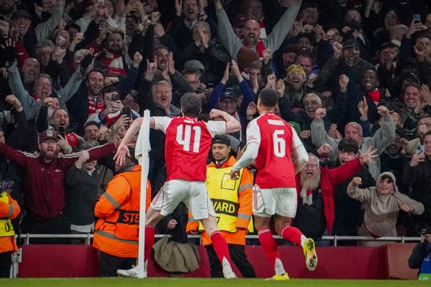 England: Fussball UEFA Champions League 2025 - 2026, Achtelfinale (Rückspiel) FC Arsenal London vs Bayer 04 Leverkusen - Emirates Stadium (London): Tor und Torjubel zum 2:0 durch Declan Rice (Arsenal, 41) Freude, Emotionen, Jubel Copyright: xJOERANxSTEINSIEKx