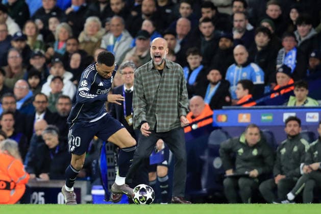 17th March 2026; Etihad Stadium, Manchester, England; UEFA Champions League Football, Manchester City versus Real Madrid; Manchester City manager Pep Guardiola reacts as Kylian Mbappe of Real Madrid breaks away with the ball  DavidxBlunsden Content restricted for UK based newspaper