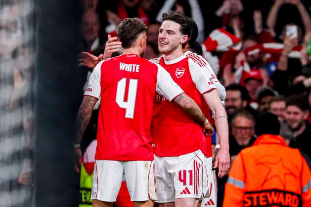 LONDON, ENGLAND - MARCH 17: Declan Rice of Arsenal celebrate their team s second goal with Ben White of Arsenal during the UEFA Champions League 2025 26 Round of 16 Second Leg match between Arsenal FC and Bayer 04 Leverkusen at Arsenal Stadium on March 17, 2026 in London, England.  Copyright: xRenexNijhuis MBxMediax