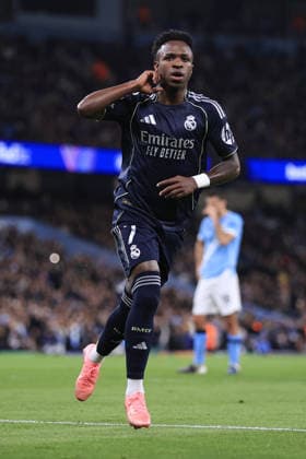 Football - UEFA Champions League - Round of 16 (2nd Leg) - Manchester City v Real Madrid 17th March 2026 - UEFA Champions League - Round of 16 (2nd Leg) - Manchester City v Real Madrid - Vinicius Junior of Real Madrid celebrates after scoring their 1st goal - Photo: Simon Stacpoole Offside. Manchester UK Copyright: xSimonxStacpoolexOffside