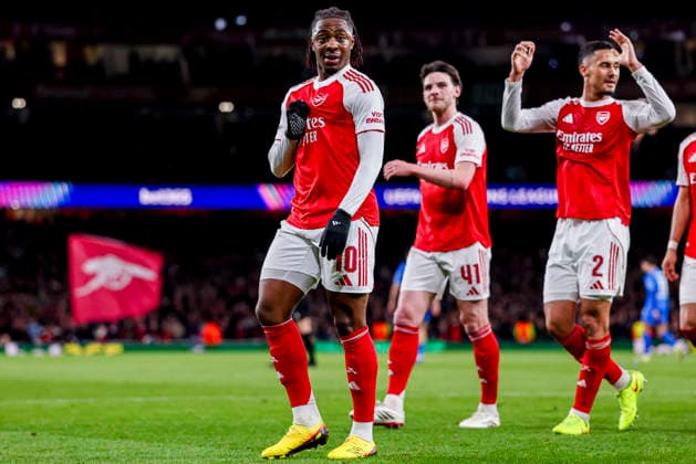 LONDON, ENGLAND - MARCH 17: Eberechi Eze of Arsenal celebrates after scoring his teams first goal during the UEFA Champions League 2025 26 Round of 16 Second Leg match between Arsenal FC and Bayer 04 Leverkusen at Arsenal Stadium on March 17, 2026 in London, England.  Copyright: xRenexNijhuis MBxMediax