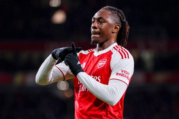 LONDON, ENGLAND - MARCH 17: Eberechi Eze of Arsenal celebrates after scoring his teams first goal during the UEFA Champions League 2025 26 Round of 16 Second Leg match between Arsenal FC and Bayer 04 Leverkusen at Arsenal Stadium on March 17, 2026 in London, England.  Copyright: xRenexNijhuis MBxMediax