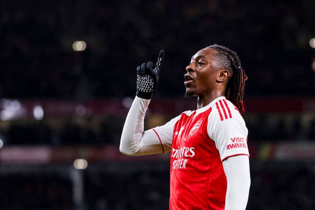 LONDON, ENGLAND - MARCH 17: Eberechi Eze of Arsenal celebrates after scoring his teams first goal during the UEFA Champions League 2025 26 Round of 16 Second Leg match between Arsenal FC and Bayer 04 Leverkusen at Arsenal Stadium on March 17, 2026 in London, England.  Copyright: xRenexNijhuis MBxMediax