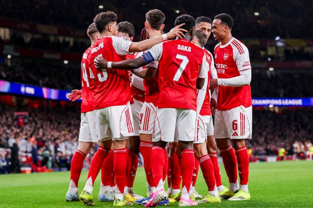 LONDON, ENGLAND - MARCH 17: Eberechi Eze of Arsenal celebrates with teammates after scoring his teams first goal during the UEFA Champions League 2025 26 Round of 16 Second Leg match between Arsenal FC and Bayer 04 Leverkusen at Arsenal Stadium on March 17, 2026 in London, England.  Copyright: xRenexNijhuis MBxMediax