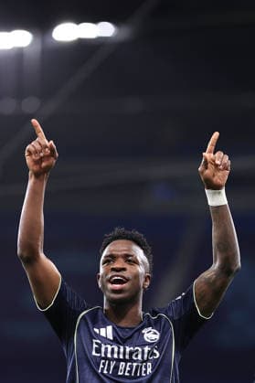 Football - UEFA Champions League - Round of 16 (2nd Leg) - Manchester City v Real Madrid 17th March 2026 - UEFA Champions League - Round of 16 (2nd Leg) - Manchester City v Real Madrid - Vinicius Junior of Real Madrid celebrates victory after the match - Photo: Simon Stacpoole Offside. Manchester UK Copyright: xSimonxStacpoolexOffside
