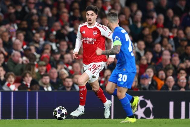 Kai Havertz of Arsenal takes on Alex Grimaldo of Bayer Leverkusen Arsenal v Bayer 04 Leverkusen, UEFA Champions League, Round of 16, Second Leg, Football, Emirates Stadium, London, UK - 17 Mar 2026London Emirates Stadium United Kingdom EDITORIAL USE ONLY No use with unauthorised audio, video, data, fixture lists, club league logos or live services. Online in-match use limited to 120 images, no video emulation. No use in betting, games or single club league player publications. Copyright: xSimonxDael Shutterstockx 16776376dt