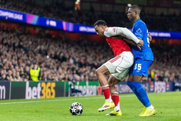 Arsenal v Bayer Leverkusen, Champions League Arsenal defender Gabriel Magalhaes (6) and Bayer Leverkusen forward Christian Kofane (35) during the Champions League match between Arsenal and Bayer Leverkusen at the Emirates Stadium, London, UK on 17 March 2026. London Emirates Stadium Greater London UK Editorial use only , Copyright: xToyinxOshodix PSI-23909-0093