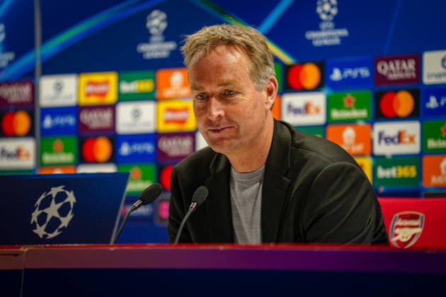 England: Fussball UEFA Champions League 2025 - 2026, Achtelfinale (Rückspiel) FC Arsenal London vs Bayer 04 Leverkusen - Emirates Stadium (London): Kasper Hjulmand (Trainer, Bayer 04 Leverkusen) Pressekonferenz, Medien Copyright: xJOERANxSTEINSIEKx