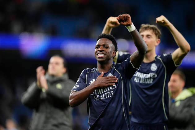 Manchester City FC v Real Madrid CF - UEFA Champions League 2025 26 Round of 16 Second Leg Vinicius Junior left winger of Real Madrid and Brazil celebrates the victory after winning the UEFA Champions League 2025 26 Round of 16 Second Leg match between Manchester City FC and Real Madrid CF at City of Manchester Stadium on March 17, 2026 in Manchester, United Kingdom. Manchester England United Kingdom  Copyright: xJosexBretonx originalFilename:bretonhernandez-manchest260317_npAeg.jpg
