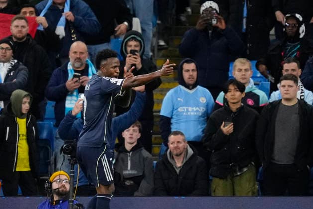 Manchester City FC v Real Madrid CF - UEFA Champions League 2025 26 Round of 16 Second Leg Vinicius Junior left winger of Real Madrid and Brazil celebrates after scoring his sides second goal during the UEFA Champions League 2025 26 Round of 16 Second Leg match between Manchester City FC and Real Madrid CF at City of Manchester Stadium on March 17, 2026 in Manchester, United Kingdom. Manchester England United Kingdom  Copyright: xJosexBretonx originalFilename:bretonhernandez-manchest260317_np5u7.jpg