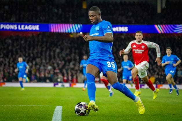England: Fussball UEFA Champions League 2025 - 2026, Achtelfinale (Rückspiel) FC Arsenal London vs Bayer 04 Leverkusen - Emirates Stadium (London): Christian Kofane (Bayer 04 Leverkusen, 35) Copyright: xJOERANxSTEINSIEKx
