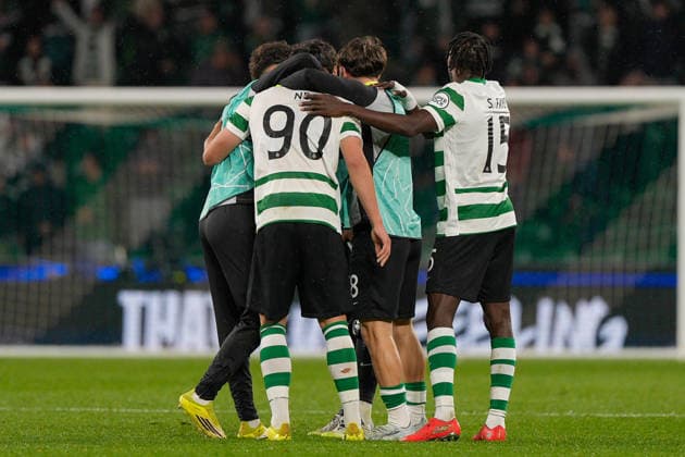 Sporting CP Vs FK Bodo Glimt in Lisbon, Portugal - 17 Mar 2026 Rafael Nel of Sporting CP (C) and Souleymane Faye (R) celebrates their victory during UEFA Champions League 2025 26 round of 16 2nd leg between Sporting CP and FK Bodo Glimt at Estadio Jose Alvalade. Final score: Sporting CP 5:0 FK Bodo Glimt Lisbon Portugal Copyright: xBrunoxdexCarvalhox xSOPAxImagesx brunodecarvalho_sportingbodoglimt-2874