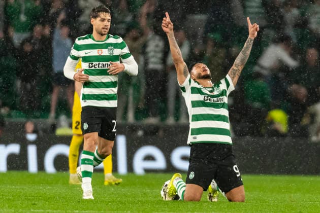 17th March 2026; Estadio Jose Alvalade, Lisbon, Portugal, UEFA Champions League Football, Sporting Lisbon versus Bodo Glimt; Luis Suarez of Sporting scores a penalty goal and kneels to celebrate the third goal  JosexSalgueiro Content restricted for UK based newspaper
