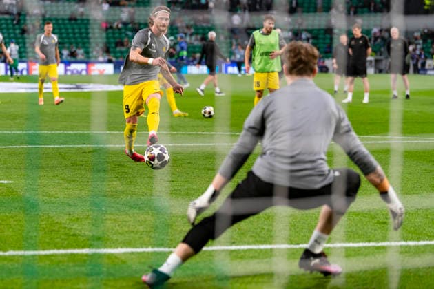 17th March 2026; Estadio Jose Alvalade, Lisbon, Portugal, UEFA Champions League Football, Sporting Lisbon versus Bodo Glimt; Kasper Hogh of Bodo Glimt practicing shots on goal before the match  JosexSalgueiro Content restricted for UK based newspaper