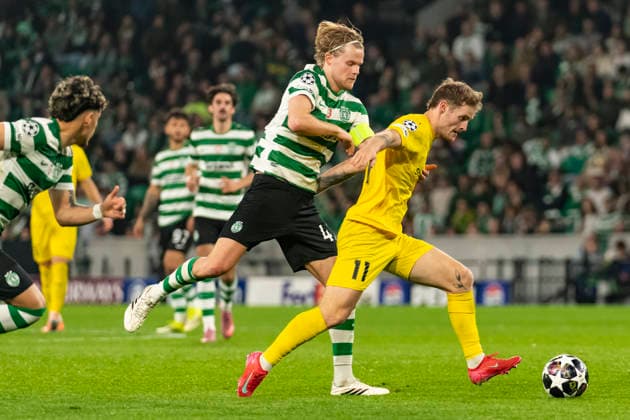 17th March 2026; Estadio Jose Alvalade, Lisbon, Portugal, UEFA Champions League Football, Sporting Lisbon versus Bodo Glimt; Ole Didrik Blomberg of Bodo Glimt is tackled by Morten Hjulmand of Sporting  JosexSalgueiro Content restricted for UK based newspaper