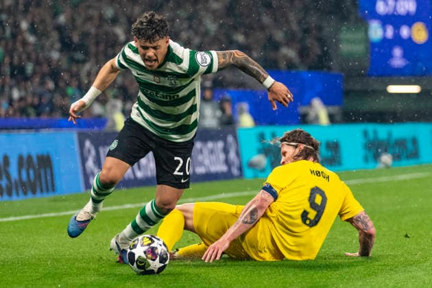 17th March 2026; Estadio Jose Alvalade, Lisbon, Portugal, UEFA Champions League Football, Sporting Lisbon versus Bodo Glimt; Maxi Araujo of Sporting is fouled by Kasper Hogh of Bodo Glimt  JosexSalgueiro Content restricted for UK based newspaper