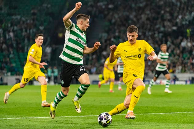 17th March 2026; Estadio Jose Alvalade, Lisbon, Portugal, UEFA Champions League Football, Sporting Lisbon versus Bodo Glimt; Ivan Fresneda of Sporting is tackled by Jostein Gundersen of Bodo Glimt  JosexSalgueiro Content restricted for UK based newspaper