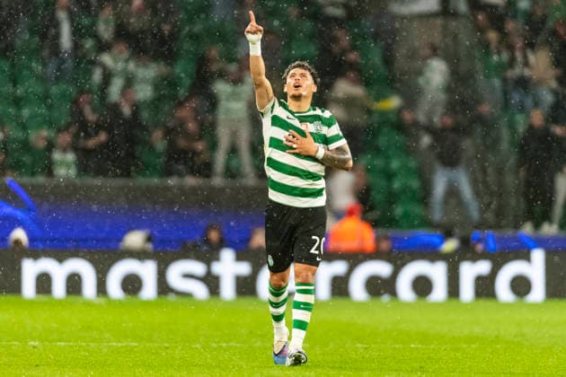 17th March 2026; Estadio Jose Alvalade, Lisbon, Portugal, UEFA Champions League Football, Sporting Lisbon versus Bodo Glimt; Maxi Araujo of Sporting celebrates the second goal scored by Pedro Goncalves of Sporting  JosexSalgueiro Content restricted for UK based newspaper