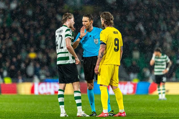 Uefa Champions League 2025-26 Sporting CP - FK Bodø Glimt Referee Sandro Schärer, Morten Hjulmand of Sporting and Kasper Hogh of FK Bodø Glimt during the UEFA Champions League 2025-26 League Round of 16, 2nd Leg match between Sporting CP and FK Bodø Glimt on Tuesday 17 March 2026 in Lisbon, Portugal Copyright: HMBxMedia CarlosxSilva