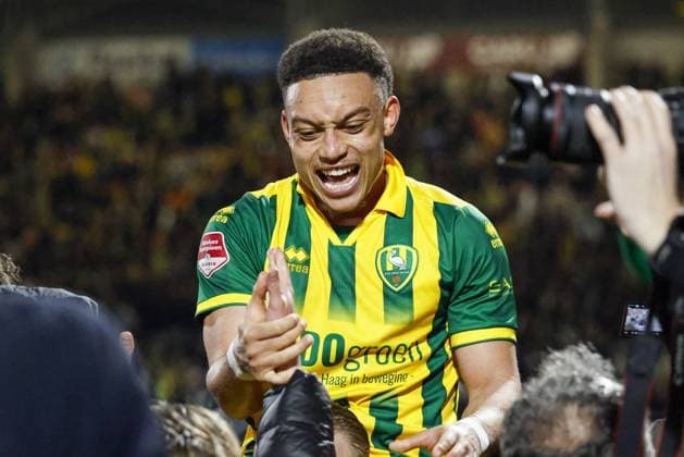 DEN HAAG , 17-03-2026 , WerkTalent Stadium , season 2025 2026 , Dutch Keuken Kampioen Divisie football , match between ADO Den Haag and Jong FC Utrecht , picture shows ADO Den Haag player Steven van der Sloot celebrating ADO - Jong Utrecht  x202454277x Copyright: