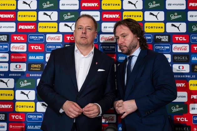 From left: president of the Football Association of the Czech Republic (FACR) David Trunda and general manager of Czech Team Pavel Nedved attend the press conference, PK, Pressekonferenz to announce Czech national football team s roster for World Cup qualifying playoff matches in Prague, Czech Republic, March 17, 2026. (CTKxPhoto MichalxKamaryt) CTKPhotoP2026031707825  CTKPhotoP2026031707825