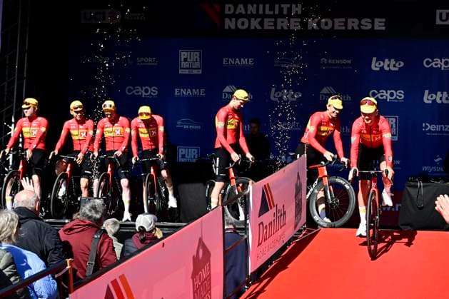 Danilith Nokere Koerse 2026 Cycling Race NOKERE, BELGIUM - MARCH 18 : team Uno-X Mobility during the 79th edition of Danilith Nokere Koerse an UCI ProSeries 1.Pro one day cycling road race for Men Elite of km with start in Deinze and finish in Nokere on March 18, 2026 in Nokere, Belgium, 18 03 2026 ( Motordriver Danilith Nokere Koerse Cycling Race - Nokere Belgium  Copyright: xJanxDexMeuleneirx