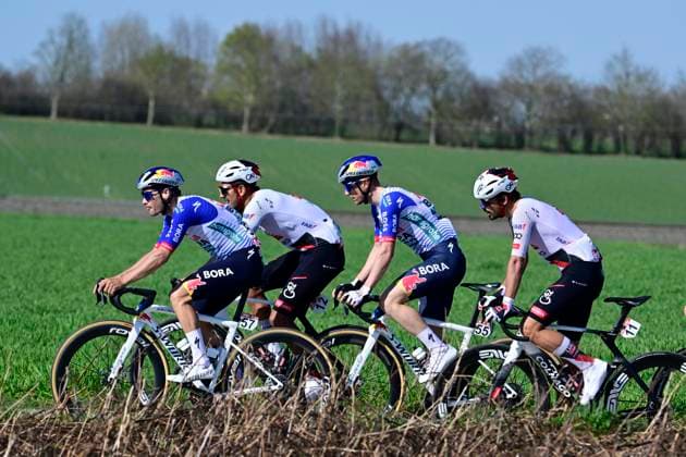 Danilith Nokere Koerse 2026 Cycling Race NOKERE, BELGIUM - MARCH 18 : Vermeersch Gianni (BEL) of Red Bull - BORA - Hansgrohe, Molano Juan Sebastian (COL) of UAE Team Emirates - XRG, Etxeberria Haimar (ESP) of Red Bull - BORA - Hansgrohe, Morgado Antonio (POR) of UAE Team Emirates - XRG during the 79th edition of Danilith Nokere Koerse an UCI ProSeries 1.Pro one day cycling road race for Men Elite of km with start in Deinze and finish in Nokere on March 18, 2026 in Nokere, Belgium, 18 03 2026 ( Motordriver Danilith Nokere Koerse Cycling Race - Nokere Belgium  Copyright: xJanxDexMeuleneirx