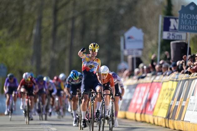 Belgian Lotte Kopecky of SD Worx-Protime celebrates as she crosses the finish line to win the Nokere Koerse one day cycling race for women elite, 133,3km from Deinze to Nokere, Kruisem on Wednesday 18 March 2026. DAVIDxPINTENS  x167985466x