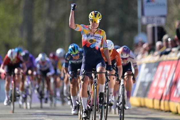 Belgian Lotte Kopecky of SD Worx-Protime celebrates as she crosses the finish line to win the Nokere Koerse one day cycling race for women elite, 133,3km from Deinze to Nokere, Kruisem on Wednesday 18 March 2026. DAVIDxPINTENS  x167985474x