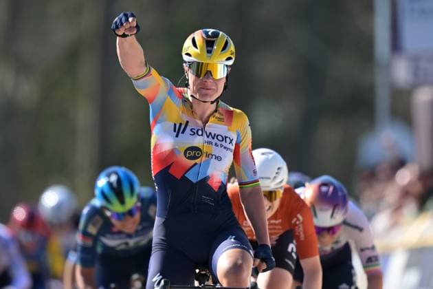 Belgian Lotte Kopecky of SD Worx-Protime celebrates as she crosses the finish line to win the Nokere Koerse one day cycling race for women elite, 133,3km from Deinze to Nokere, Kruisem on Wednesday 18 March 2026. DAVIDxPINTENS  x167985686x
