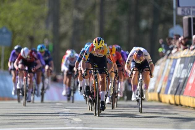 Belgian Lotte Kopecky of SD Worx-Protime celebrates as she crosses the finish line to win the Nokere Koerse one day cycling race for women elite, 133,3km from Deinze to Nokere, Kruisem on Wednesday 18 March 2026. DAVIDxPINTENS  x167985702x