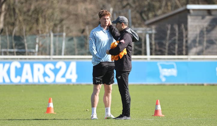 Sebastian Grönning, Trainer Stefan Leitl Fußball Fussball Saison 2025 2026 2. Bundesliga Herren DFL 18.03.2026 Training Hertha BSC Berlin DFL regulations prohibit any use of photographs as image sequences and or quasi-video.