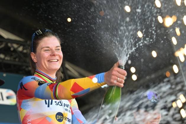 Belgian Lotte Kopecky celebrates on the podium after winning the Nokere Koerse one day cycling race for women elite, 133,3km from Deinze to Nokere, Kruisem on Wednesday 18 March 2026. DAVIDxPINTENS  x167988002x
