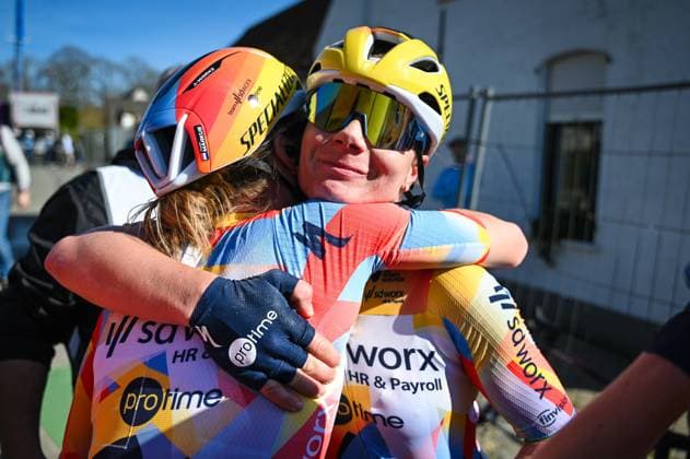 Belgian Lotte Kopecky of SD Worx-Protime celebrates after winning the Nokere Koerse one day cycling race for women elite, 133,3km from Deinze to Nokere, Kruisem on Wednesday 18 March 2026. ELIASxROM  x167991538x