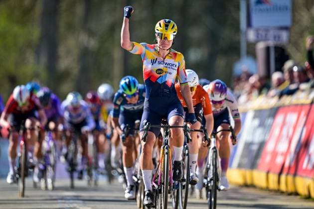 Belgian Lotte Kopecky celebrates as she crosses the finish line to win the Nokere Koerse one day cycling race for women elite, 133,3km from Deinze to Nokere, Kruisem on Wednesday 18 March 2026. DAVIDxPINTENS  x167992616x