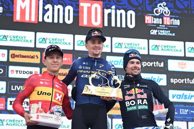 18-03-2026 Milano - Torino; 2026, Pinarello - Q36.5; 2026, Uno X - Mobility; 2026, Red Bull - Bora Hansgrohe; Pidcock, Thomas; Johannessen, Tobias Halland; Roglic, Primoz; Superga; 