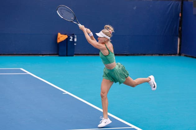 MIAMI GARDENS, FL - MARCH 17: Elvina Kalieva (USA) in action during a Women™s Singles qualifying 2nd round match against Diane Parry (FRA) at the Miami Open on March 17, 2026, at Hard Rock Stadium in Miami Gardens, Florida,(Photo by Chris Arjoon Icon Sportswire) TENNIS: MAR 17 Miami Open EDITORIAL USE ONLY Icon2603170010031