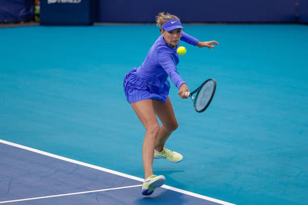 MIAMI GARDENS, FL - MARCH 17: Katie Boulter (GB) in action during a Women™s Singles qualifying 2nd round match against Jessica Bouzas Maneiro (ESP) at the Miami Open on March 17, 2026, at Hard Rock Stadium in Miami Gardens, Florida,(Photo by Chris Arjoon Icon Sportswire) TENNIS: MAR 17 Miami Open EDITORIAL USE ONLY Icon2603170010091