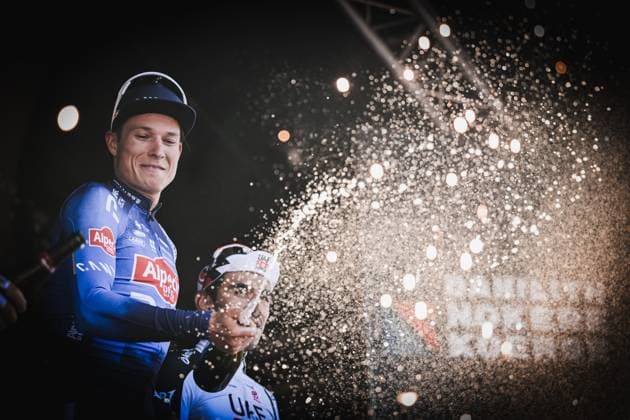 Belgian Jasper Philipsen of Alpecin-Premier Tech celebrates on the podium after winning the Nokere Koerse one day cycling race for men elite, 186,4 km from Deinze to Nokere, Kruisem on Wednesday 18 March 2026. DAVIDxPINTENS  x168024452x