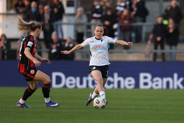 FBL - Frauen-Bundesliga Eintracht Frankfurt and TSG Hoffenheim Nadine Andrina Riesen (Eintracht Frankfurt), Marie Steiner (TSG Hoffenheim) in action, with the ball during the Google Pixel Frauen Bundesliga match between Eintracht Frankfurt and TSG Hoffenheim on March 18, 2026, at Stadion am Brentanobad in Frankfurt am Main, Germany Copyright: JoaquimxFerreira