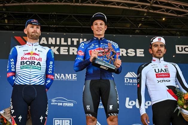 Belgian Jordi Meeus of Red Bull-BORA-hansgrohe, Belgian Jasper Philipsen of Alpecin-Premier Tech and Colombian Juan Sebastian Molano of UAE Team Emirates-XRG pictured on the podium after the Nokere Koerse one day cycling race for men elite, 186,4 km from Deinze to Nokere, Kruisem on Wednesday 18 March 2026. DAVIDxPINTENS  x168027366x