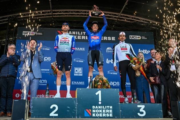 Belgian Jordi Meeus of Red Bull-BORA-hansgrohe, Belgian Jasper Philipsen of Alpecin-Premier Tech and Colombian Juan Sebastian Molano of UAE Team Emirates-XRG pictured on the podium after the Nokere Koerse one day cycling race for men elite, 186,4 km from Deinze to Nokere, Kruisem on Wednesday 18 March 2026. DAVIDxPINTENS  x168027392x