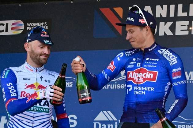 Danilith Nokere Koerse 2026 Cycling Race NOKERE, BELGIUM - MARCH 18 : Meeus Jordi (BEL) of Red Bull - BORA - Hansgrohe and Philipsen Jasper (BEL) of Alpecin - Premier Tech pictured during the podium ceremony of the 79th edition of Danilith Nokere Koerse an UCI ProSeries 1.Pro one day cycling road race for Men Elite of km with start in Deinze and finish in Nokere on March 18, 2026 in Nokere, Belgium, 18 03 2026 ( Motordriver Danilith Nokere Koerse Cycling Race - Nokere Belgium  Copyright: xJanxDexMeuleneirx