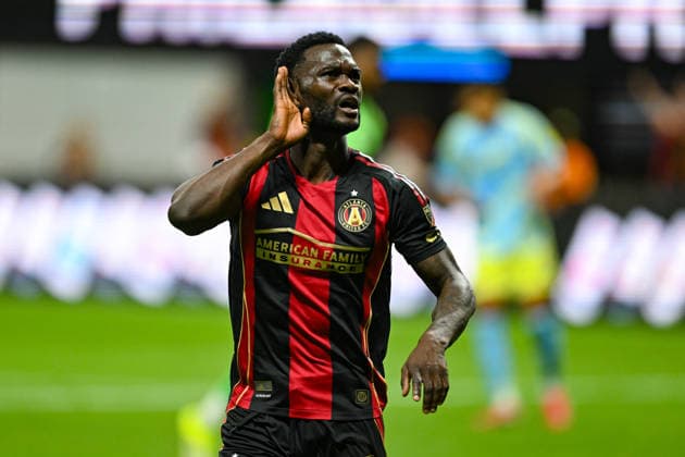 ATLANTA, GA - MARCH 14: Emmanuel Latte Lath 9 of Atlanta reacts after scoring a first-half goal during the MLS, Fussball Herren, USA match between the Philadelphia Union and Atlanta United FC on March 14th, 2026 at Mercedes-Benz Stadium in Atlanta, GA. (Photo by Rich von Biberstein Icon Sportswire) SOCCER: MAR 14 MLS Atlanta United vs Philadelphia Union EDITORIAL USE ONLY Icon260314004