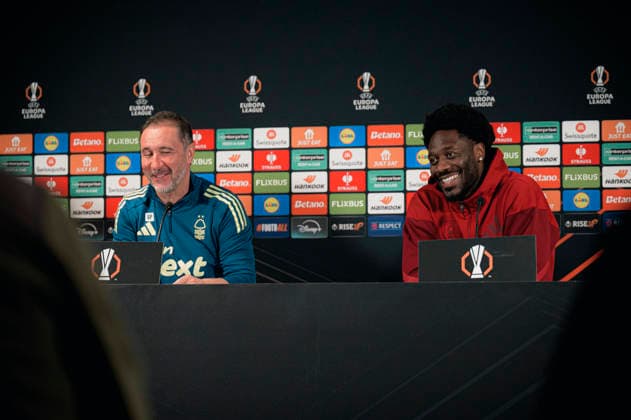 Nottingham Forest press conference, PK, Pressekonferenz - UEFA Europa League Herning, Denmark - March 18: Head coach Vitor Pereira and Ola Aina of Nottingham Forest during a press conference ahead of their match against FC Midtjylland in UEFA Europa League at MCH Arena Herning MCH Arena Denmark Copyright: xDANIELxSTENTZx